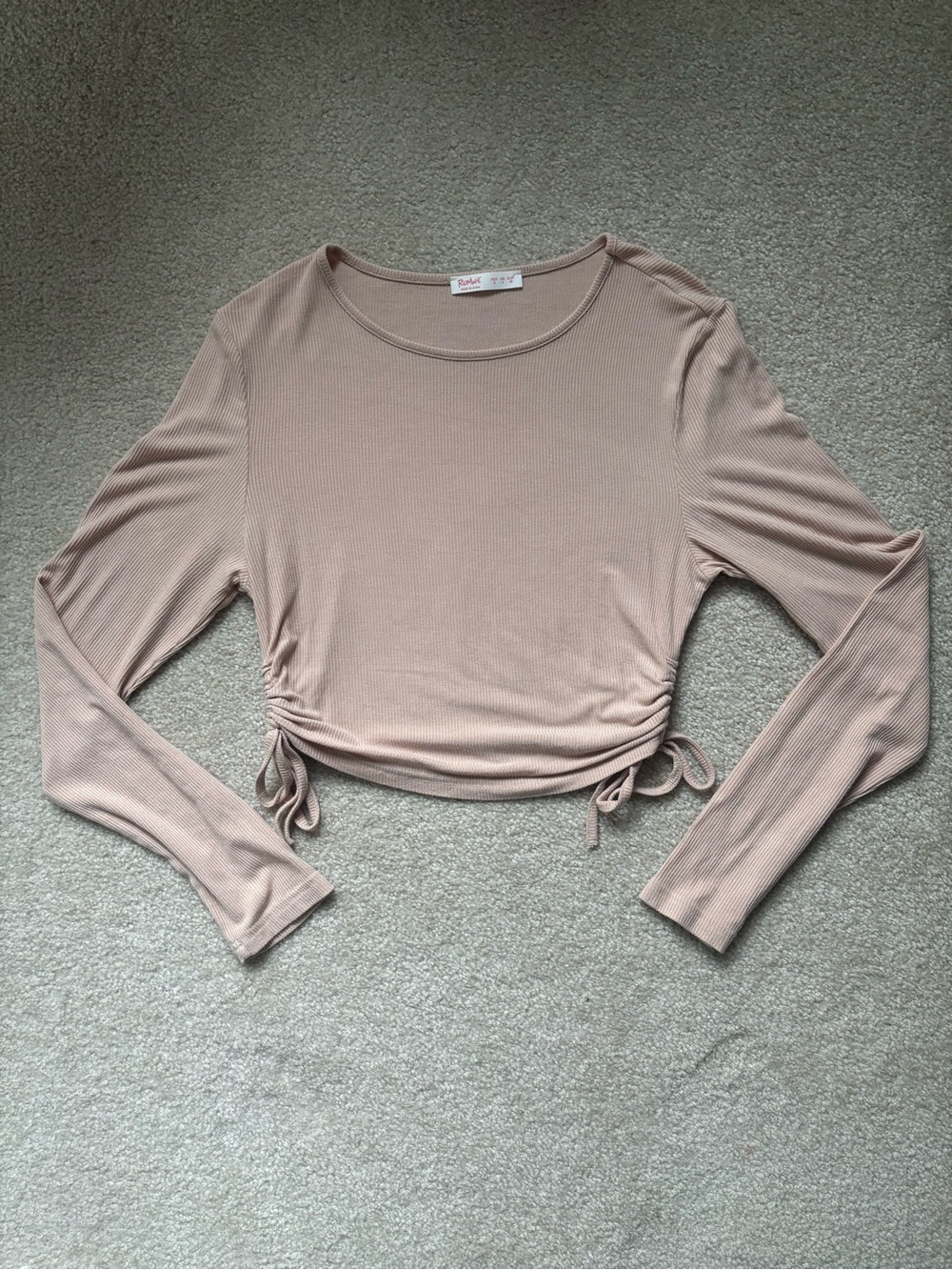 ROMWE Tan Ribbed Side-Tie Long Sleeve Crop Top